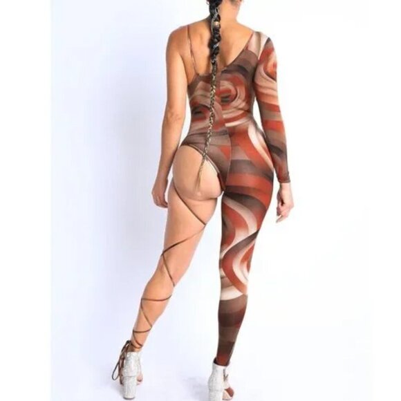 Paint Printed One Sleeve One Leg Tie Detailed Jumpsuit Sexy Jumpsuit
New - Picture 6 of 9